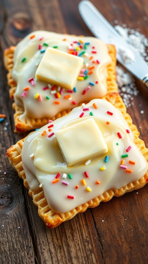 Two butter topped Pop-Tarts with sprinkles on a wooden table.